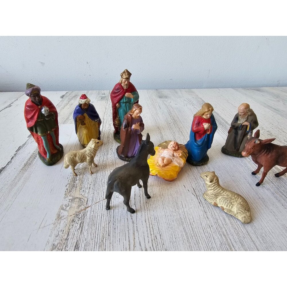 Vintage Germany paper mache nativity Wiseman Joseph Jesus animals Xmas décor